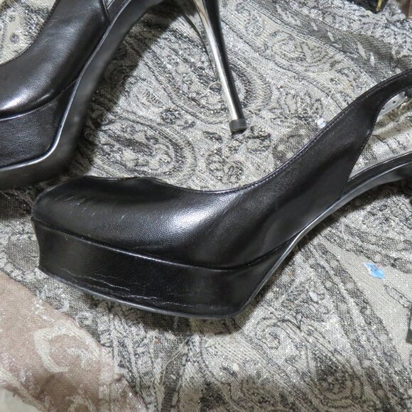 Guess black leather peep toe slingback platform heels w/ charm 7.5 silver heels - Picture 13 of 16